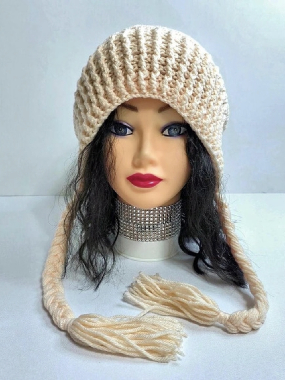 Cream Crochet Earflap Hat- New
One Size